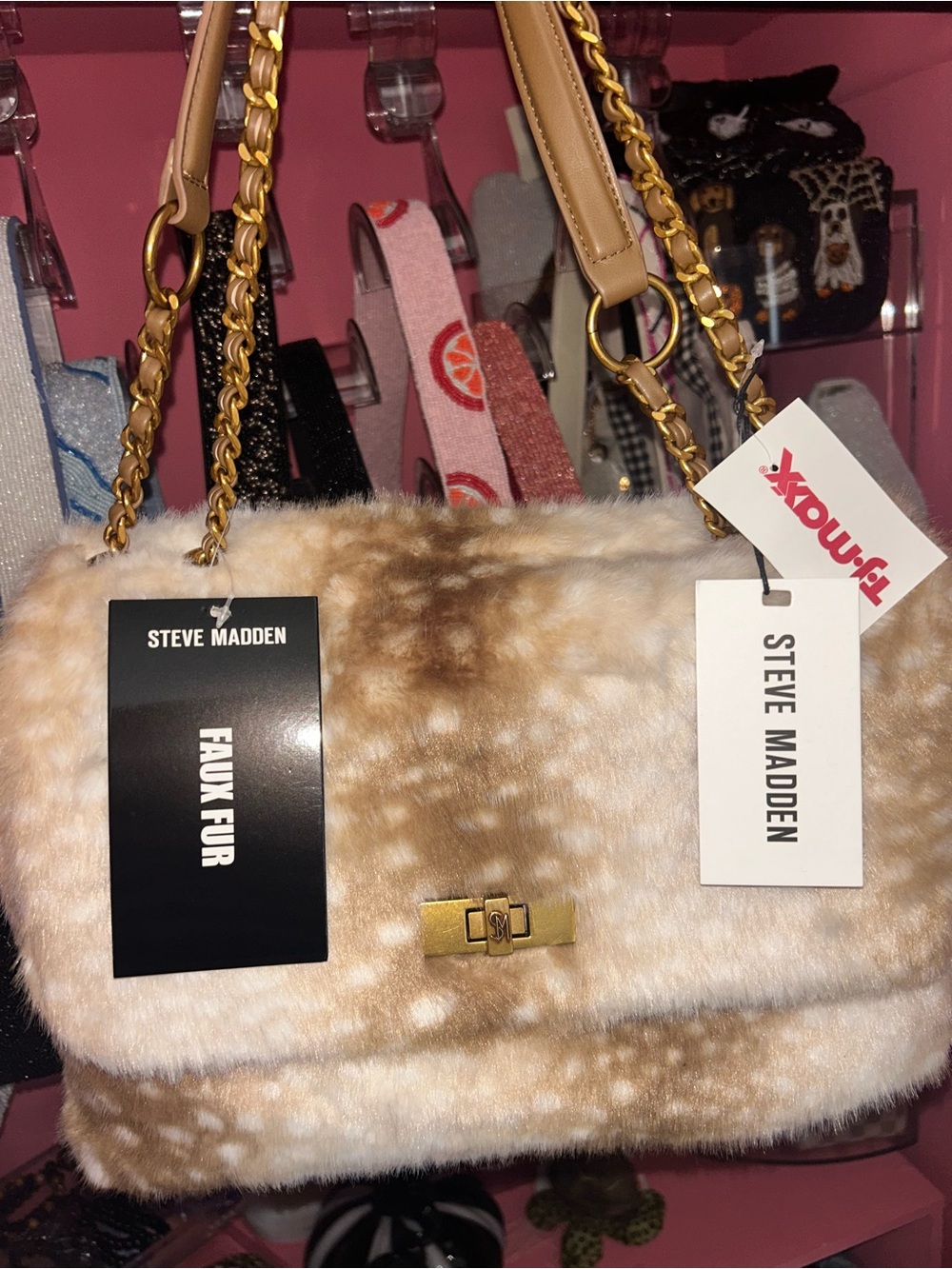 Steve Madden Faux Fur Shoulder Bag in Cream and Tan with Gold Chain